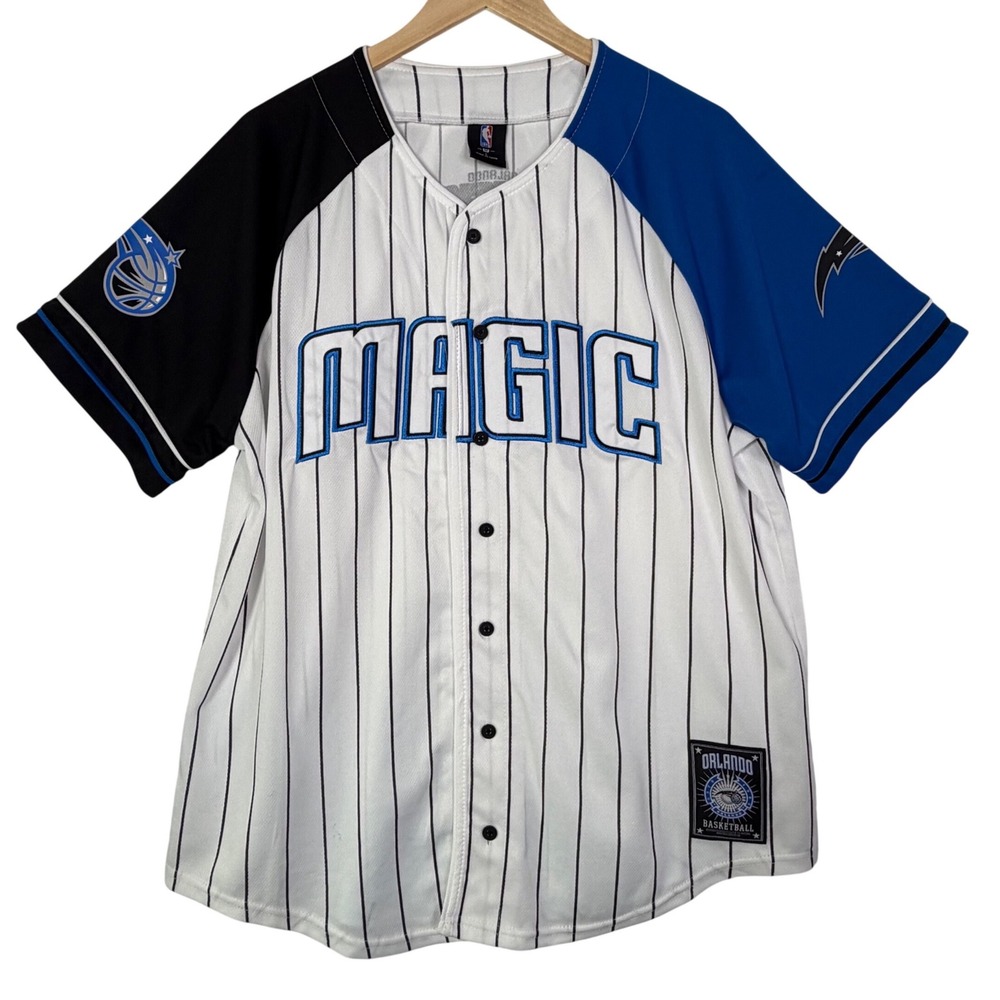 Orlando Magic Mens Size Large Jersey Shirt NBA Pinstripe Button Front Blue‎
